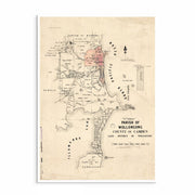 Hand-drawn 1884 map of Wollongong, NSW, showing early settlements, roads, and coastal geography