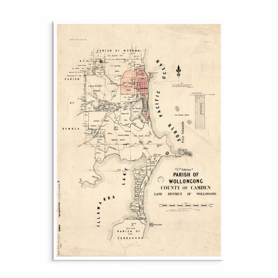 Hand-drawn 1884 map of Wollongong, NSW, showing early settlements, roads, and coastal geography