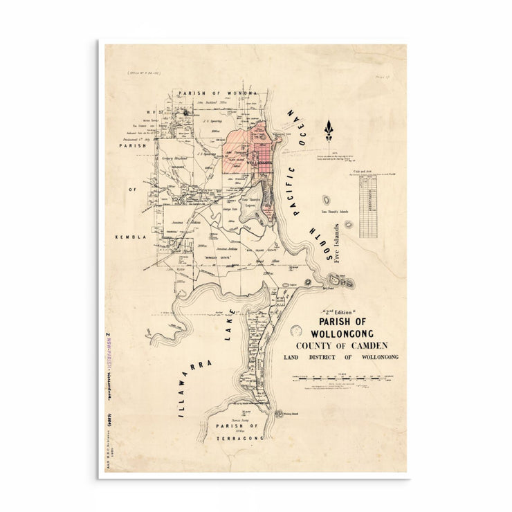 Hand-drawn 1884 map of Wollongong, NSW, showing early settlements, roads, and coastal geography