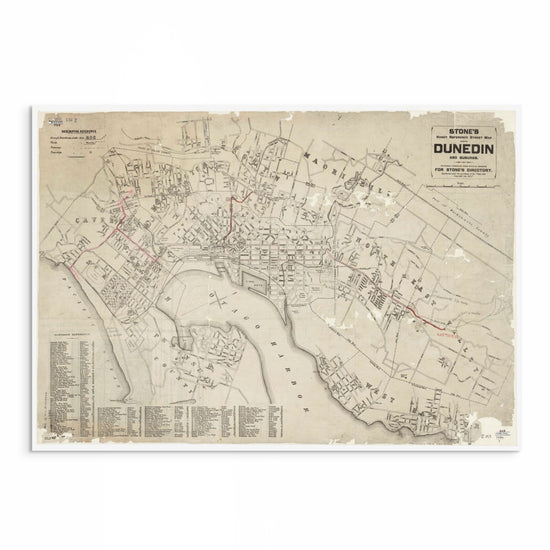 Archival reproduction print of the 1886 Stone’s Handy Street Map of Dunedin, New Zealand, showing detailed street layout and tram routes