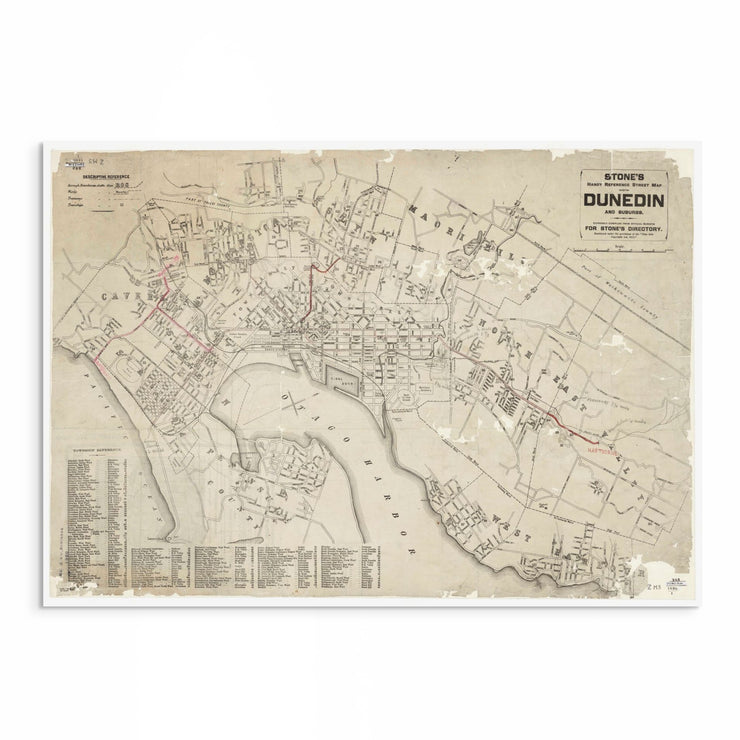 Archival reproduction print of the 1886 Stone’s Handy Street Map of Dunedin, New Zealand, showing detailed street layout and tram routes