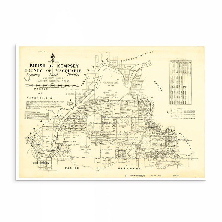 1910 vintage map of Kempsey, NSW showing the Macleay River district, early settlement boundaries, and parish divisions in detailed historic cartographic style.