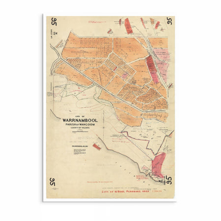 Archival reproduction print of a 1948 map of Warrnambool, Victoria showing roads, coastline, rail lines, and town layout