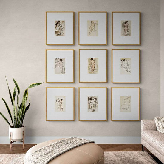 Set of nine monochrome human figure sketches — elegant, timeless artwork from Curat’d Walls.