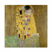 Gustav Klimt’s ‘The Kiss’ print showcasing detailed golden figures in an iconic early 20th-century artwork.