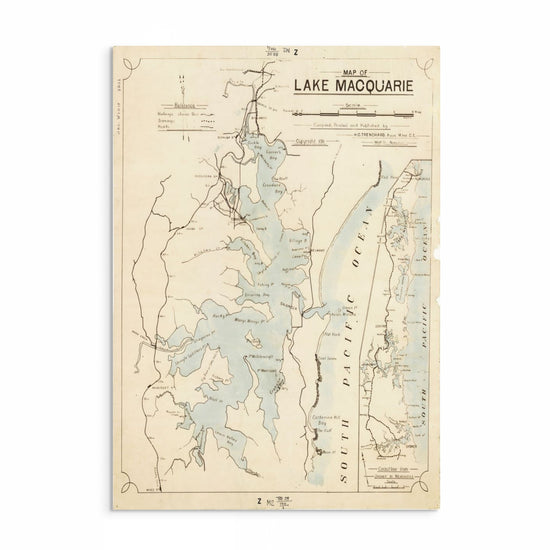1911 vintage map print of Lake Macquarie, NSW showing coastal lagoon, early settlements, waterways, and surrounding areas in detailed historic cartography.