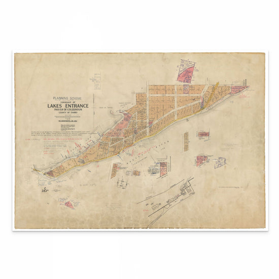 1949 print of the township map of Lakes Entrance, Victoria, highlighting historic streets and waterways near the Gippsland Lakes – vintage-style wall art print