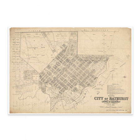 Vintage 1911 map of Bathurst, NSW, showing historic street layouts, rail lines and surrounding land during the city’s early twentieth-century development.
