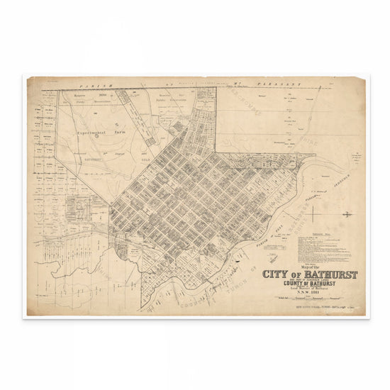 Vintage 1911 map of Bathurst, NSW, showing historic street layouts, rail lines and surrounding land during the city’s early twentieth-century development.
