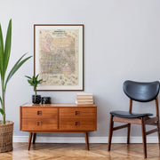 Archival map print of Wangaratta, Victoria displayed above a wooden cabinet in a hallway setting