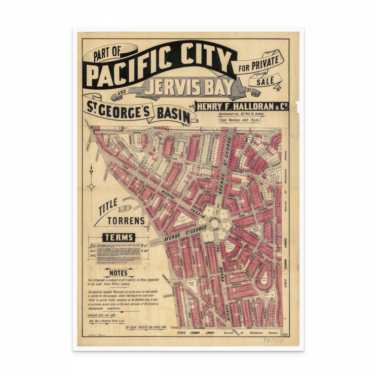 Early 1900s land subdivision advertisement for the Pacific City estate, Jervis Bay, St Georges Basin