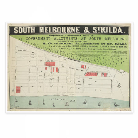 1886 land auction poster labelled South Melbourne and St Kilda, showing early subdivision plans for present-day Middle Park, St Kilda West, and Albert Park