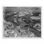 Vintage 1950's aerial photos of iconic Melbourne landmarks: Flinders Street Station, Kings Domain, and MCG. Featuring 'MELBOURNE Retro Skies' set of 3 images capturing the city's charm and heritage from above.