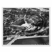 Vintage 1950's aerial photos of iconic Melbourne landmarks: Flinders Street Station, Kings Domain, and MCG. Featuring 'MELBOURNE Retro Skies' set of 3 images capturing the city's charm and heritage from above.