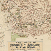1921 vintage tourist map of the Blue Mountains, NSW, showcasing the region’s natural beauty and historical charm. A retro map print capturing the Blue Mountains before its rise as a popular tourist destination