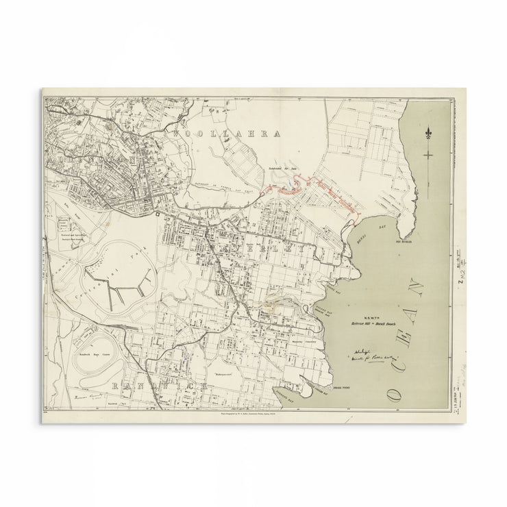 Vintage map of Bellevue Hill to Bondi circa 1911 showing early street layout and subdividable land in Sydney’s eastern suburbs