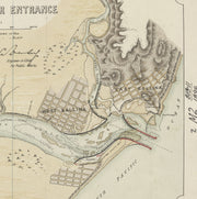 1896 Richmond River Entrance map print showing the early layout of Ballina and the surrounding coastline, highlighting the river's path and key topographical features