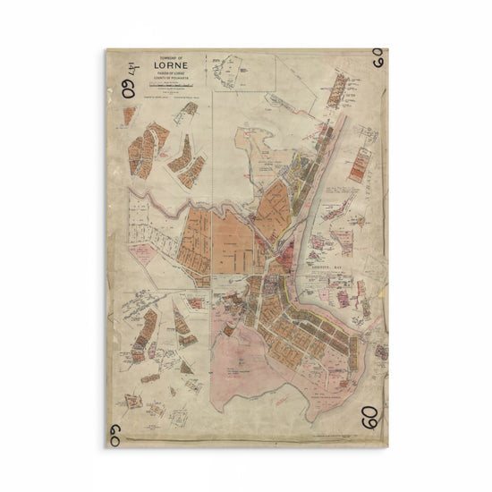 1947 Lorne Township vintage map print highlighting the town's evolution from Gadubanud land to a popular Great Ocean Road destination.