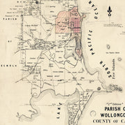 Hand-drawn 1884 map of Wollongong, NSW, showing early settlements, roads, and coastal geography