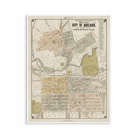 1895 Adelaide map, highlighting streets, parks, and early city layout by Frearsons