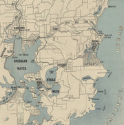 1950s locality map of Avoca and the Central Coast, showing Gosford, Tuggerah Lake, Broken Bay, and surrounding towns and waterways