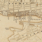 Vintage map of Darling Harbour and Sydney CBD circa 1900 showing wharves, shipyards, and early city streets