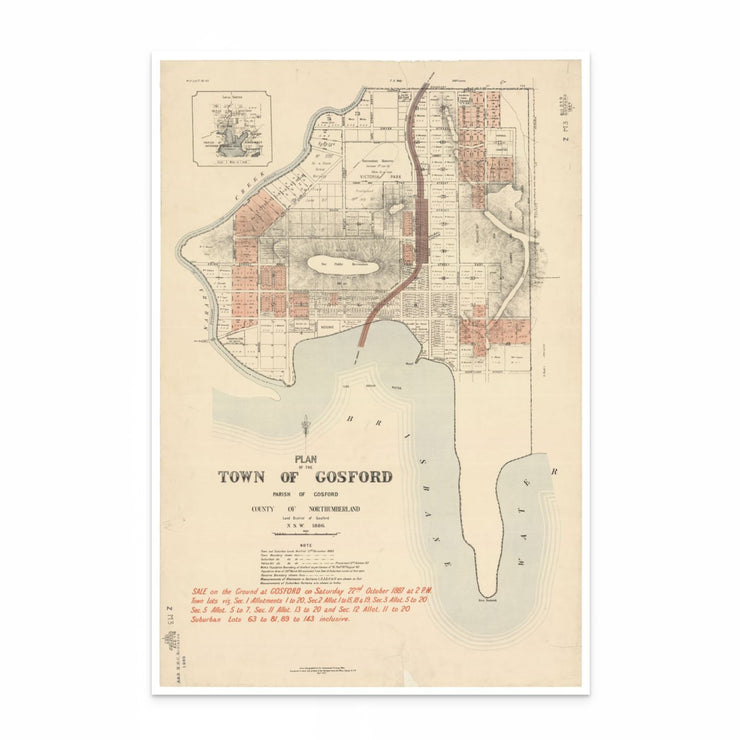 Vintage Map of Gosford, NSW 1887 - Curat'd Walls