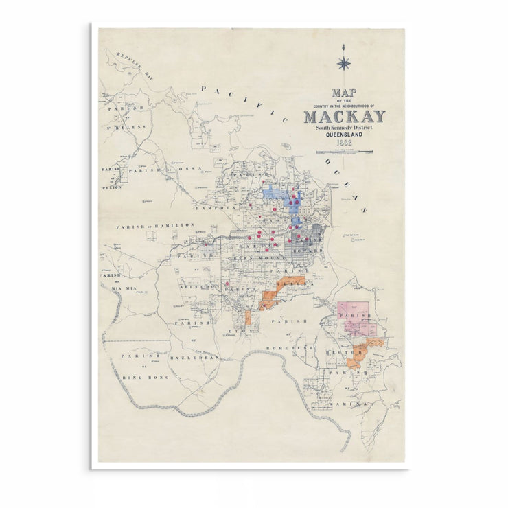 1882 map print of Mackay, Queensland, showing the South Kennedy District and Pioneer River.