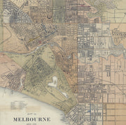 Vintage 1879 Map of Melbourne and Its Suburbs featuring St Kilda, Collingwood, Carlton, and historic districts like Sandridge and Emerald Hill.