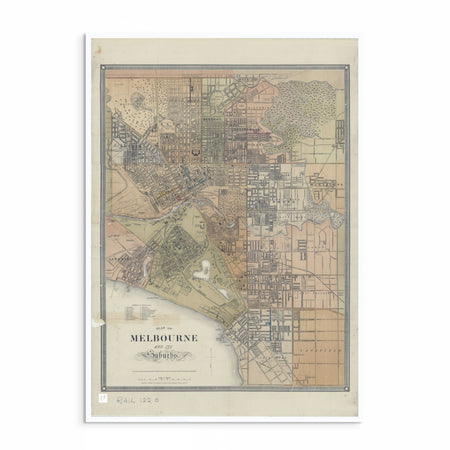 Vintage 1879 Map of Melbourne and Its Suburbs featuring St Kilda, Collingwood, Carlton, and historic districts like Sandridge and Emerald Hill.
