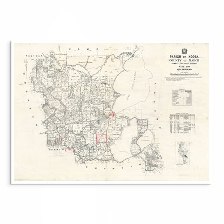 1922 vintage map of Noosa, Queensland, showing town layout, Noosa River, and Sunshine Coast coastline.