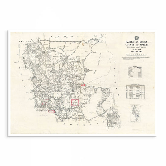 1922 vintage map of Noosa, Queensland, showing town layout, Noosa River, and Sunshine Coast coastline.
