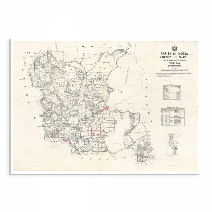 1922 vintage map of Noosa, Queensland, showing town layout, Noosa River, and Sunshine Coast coastline.
