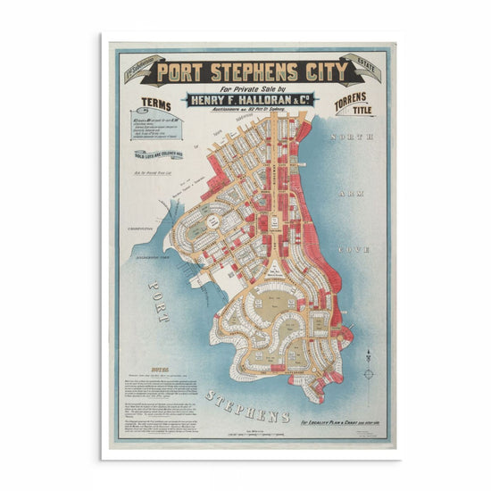 Vintage 1920s Port Stephens subdivision map with sold lots marked in red along Cove Boulevard.