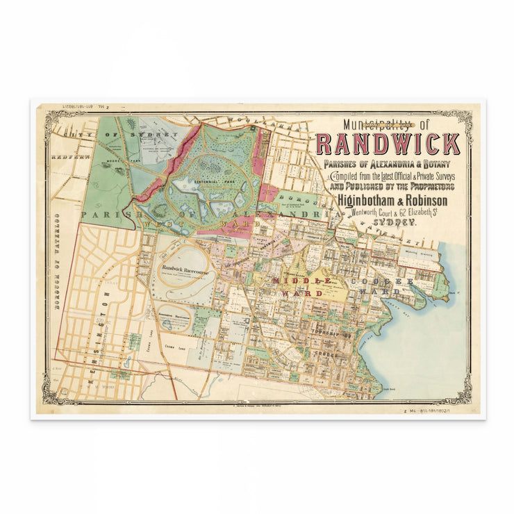 Vintage Map Print of Randwick and surrounding Eastern Suburbs, Sydney