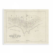 Vintage Redcliffe foreshore map print titled “Plan of the Township of Sutton, Redcliff Point,” showing coastal allotments and early town layout to John Street, Queensland.