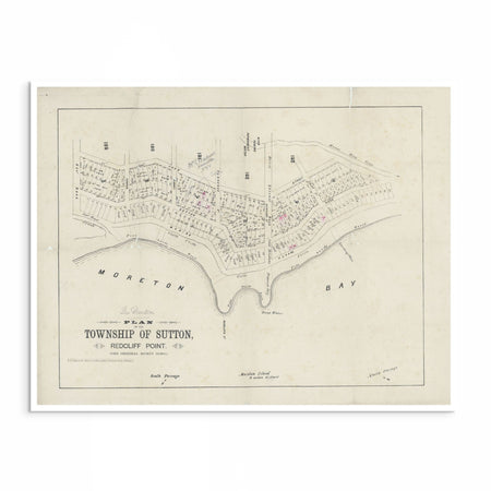 Vintage Redcliffe foreshore map print titled “Plan of the Township of Sutton, Redcliff Point,” showing coastal allotments and early town layout to John Street, Queensland.
