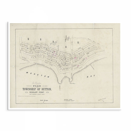 Vintage Redcliffe foreshore map print titled “Plan of the Township of Sutton, Redcliff Point,” showing coastal allotments and early town layout to John Street, Queensland.