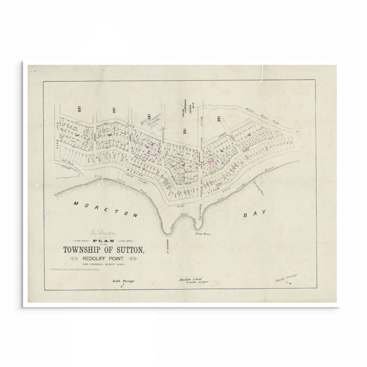 Vintage Redcliffe foreshore map print titled “Plan of the Township of Sutton, Redcliff Point,” showing coastal allotments and early town layout to John Street, Queensland.