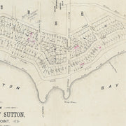 Vintage Redcliffe foreshore map print titled “Plan of the Township of Sutton, Redcliff Point,” showing coastal allotments and early town layout to John Street, Queensland.