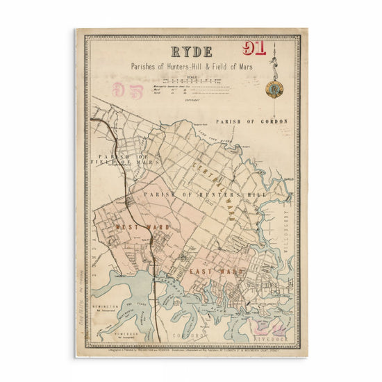 Vintage map of the Ryde district circa 1885–1890 showing Ryde, Hunters Hill, Five Dock, Homebush, and the Parramatta River