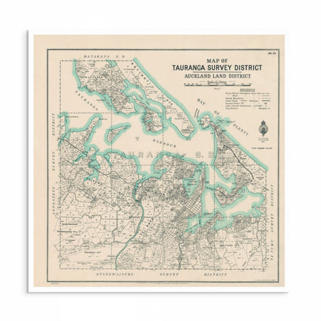 1929 survey map of Tauranga showing harbour contours, early districts, and coastal details.