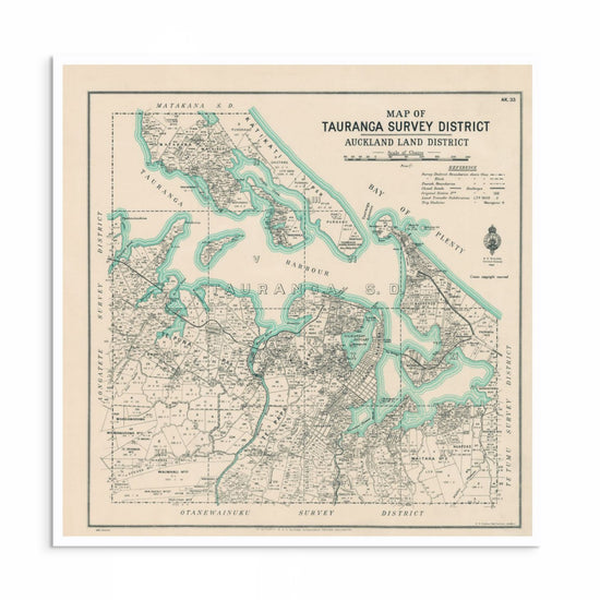 1929 survey map of Tauranga showing harbour contours, early districts, and coastal details.