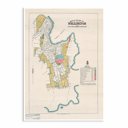 A richly detailed 1899 vintage map of Wellington showing the city’s early streets, harbour curves, and historic landmarks.