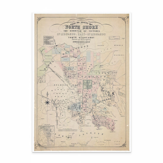Vintage street and locality map of St Leonards, Sydney North Shore, circa 1885, showing early street layouts, land subdivisions and surrounding suburbs before modern urban development.