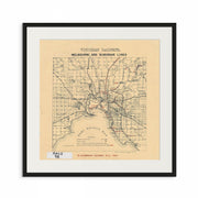 Vintage Victorian Railways Melbourne and Suburban Lines Train Map Sepia Print 1882 in black frame by Curat'd Walls
