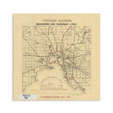Vintage Victorian Railways Melbourne and Suburban Lines Train Map Sepia Print 1882 in black frame by Curat'd Walls