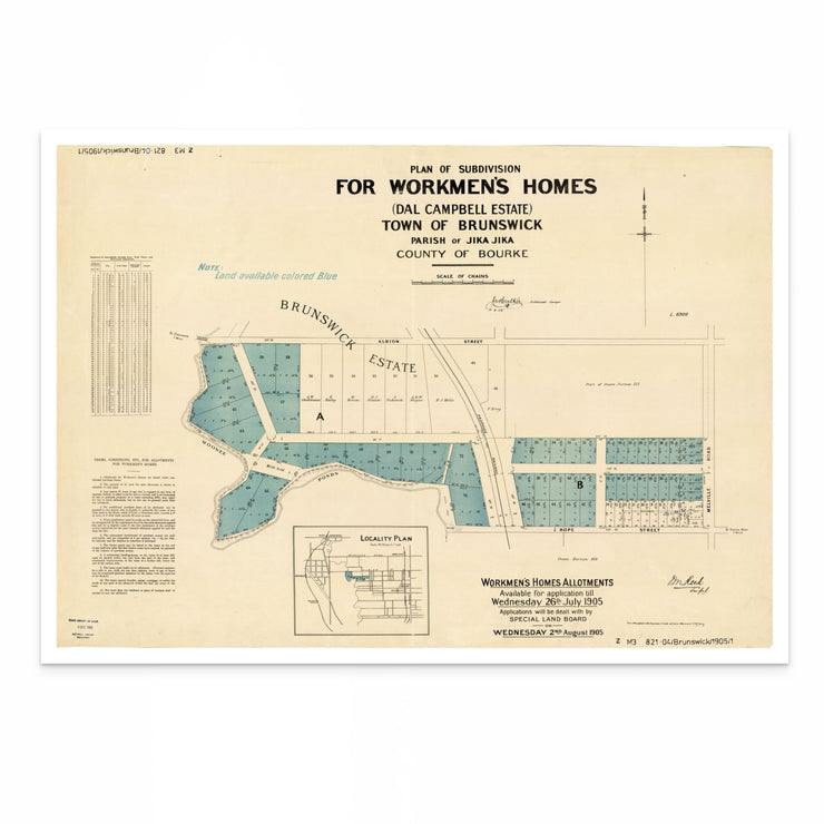 1905 Brunswick Estate Plan of Subdivision labelled “For Workmen’s Homes,” showing early streets and allotments in Brunswick, Melbourne