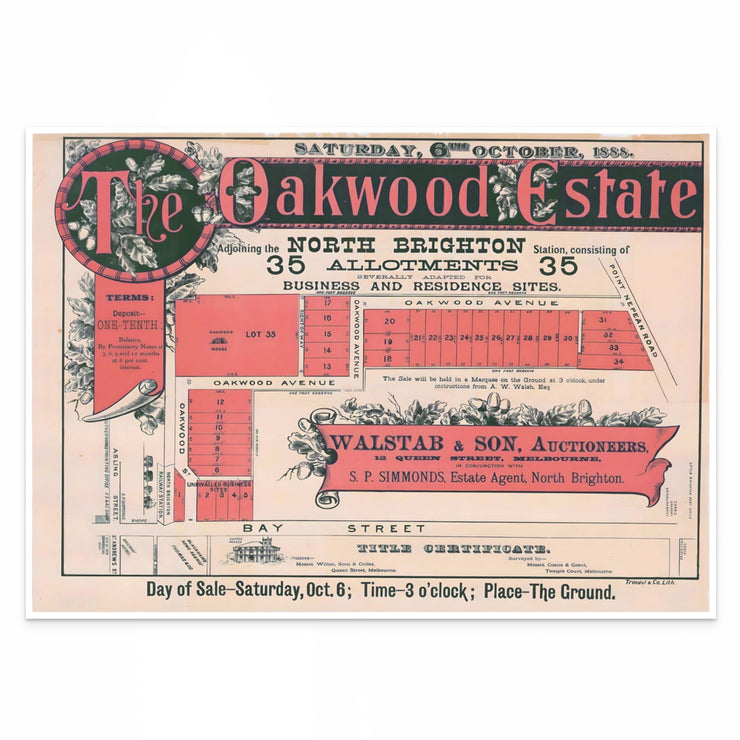 Vintage real estate auction advertisement print from 1888, showcasing North Brighton, Melbourne. Captures the historical essence of North Brighton during the era unveiled no frame