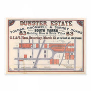 SOUTH YARRA: Discover history with the historic 'Dunster Estate' real estate auction advert land subdivision print from 1886 by Curat'd Walls, showcasing the heritage and development of this iconic Melbourne suburb.